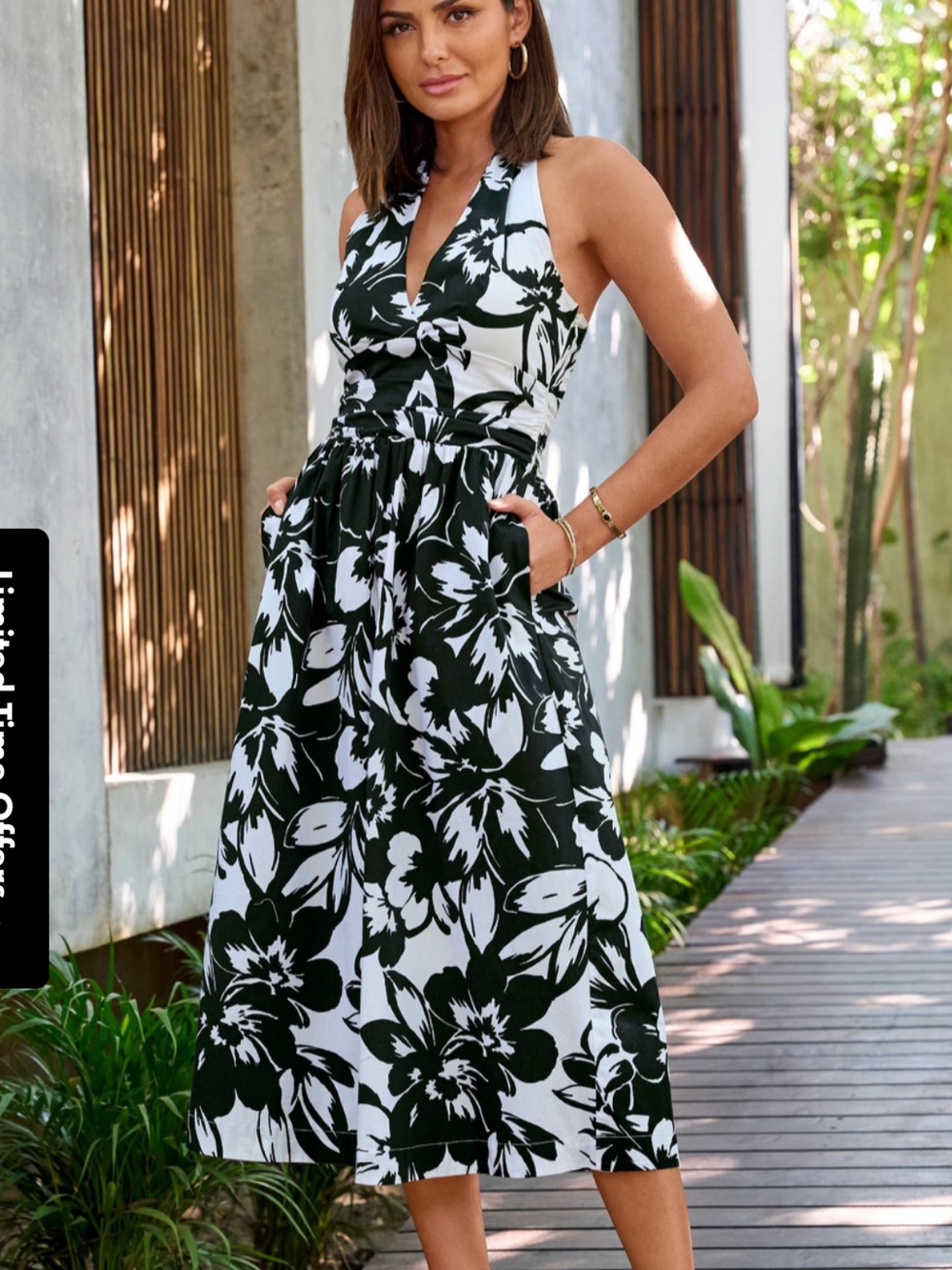 Boston Proper Black & White Floral Backless Halter Maxi Dress Size 14